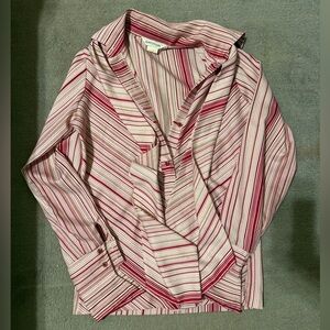 Vintage Alice Stuart Red White Striped Button Down Shirt Wide Tie Neck S